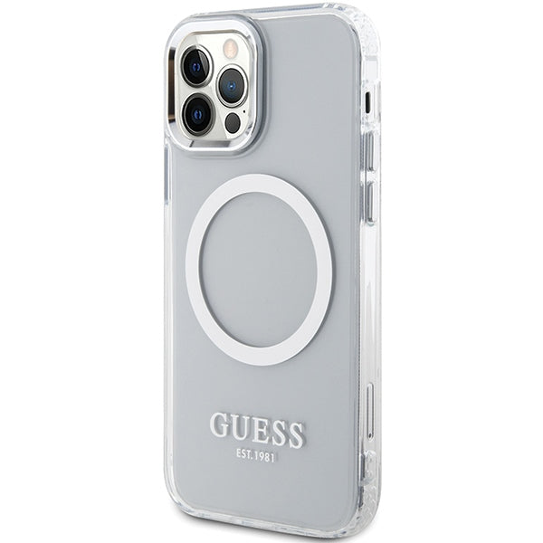 Guess Metal Outline MagSafe dėklas iPhone 12/12 Pro – sidabrinis -- iPhone 12