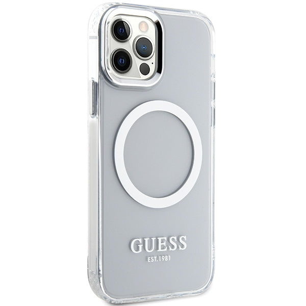 Guess Metal Outline MagSafe dėklas iPhone 12/12 Pro – sidabrinis -- iPhone 12