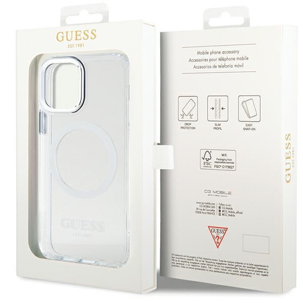 Guess Metal Outline MagSafe dėklas iPhone 12/12 Pro – sidabrinis -- iPhone 12