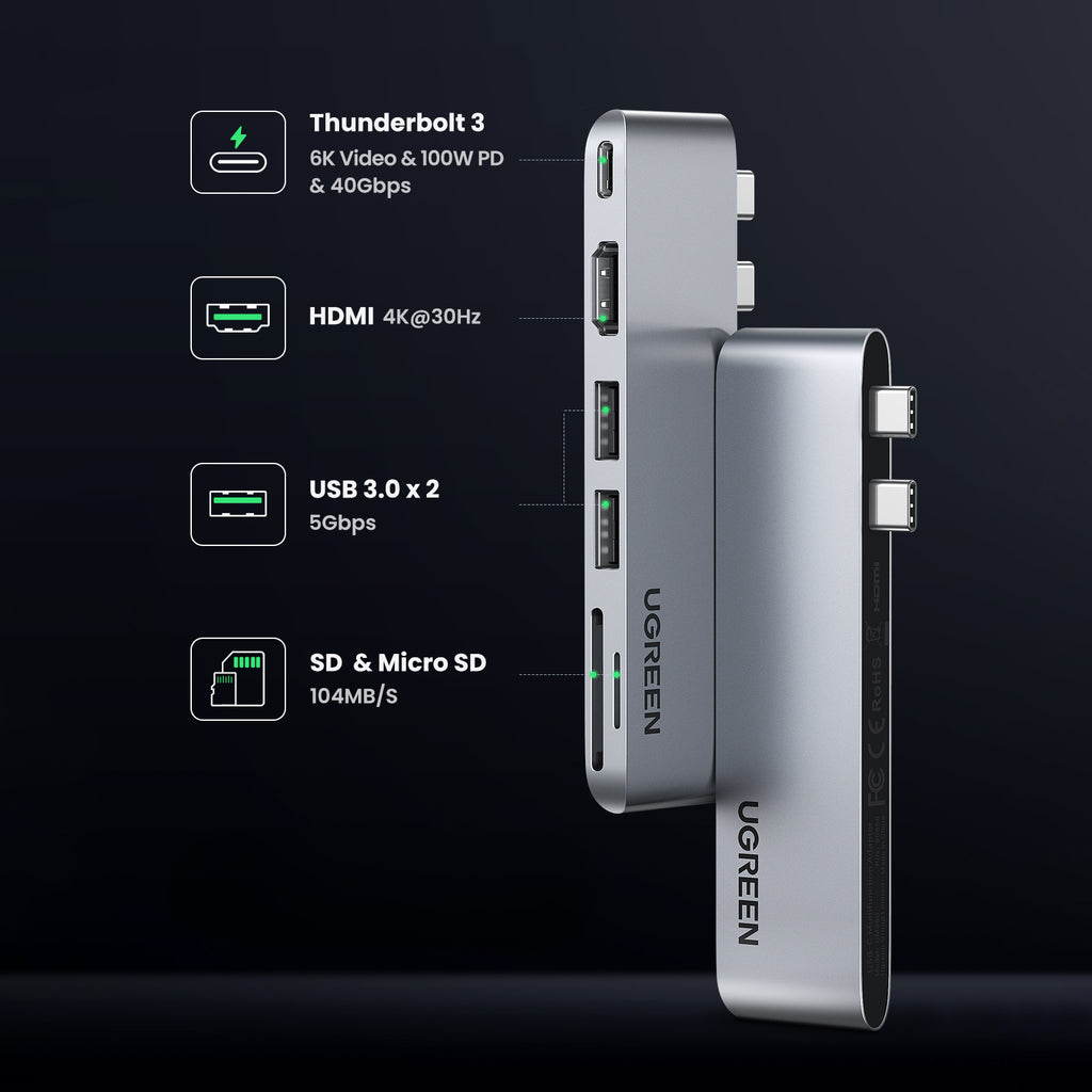 HUB Ugreen CM380 2xUSB-C - HDMI/2xUSB 3.0/SD TF/USB-C PD - pilkas -- MacBook Pro / MacBook Air