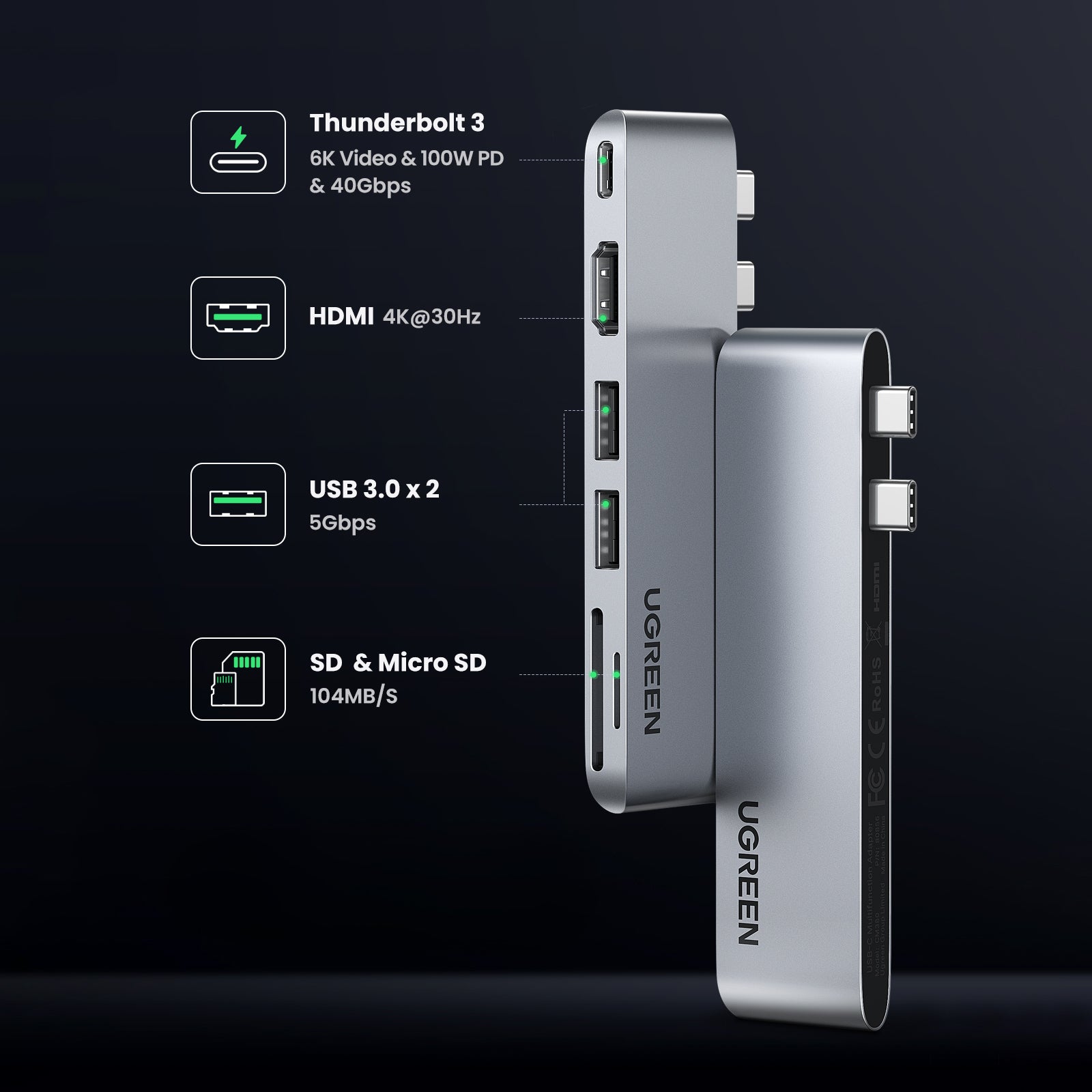 HUB Ugreen CM380 2xUSB-C - HDMI/2xUSB 3.0/SD TF/USB-C PD - pilkas -- MacBook Pro / MacBook Air