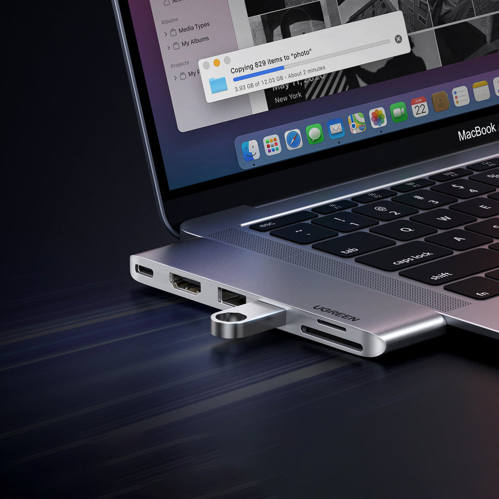 HUB Ugreen CM380 2xUSB-C - HDMI/2xUSB 3.0/SD TF/USB-C PD - pilkas -- MacBook Pro / MacBook Air