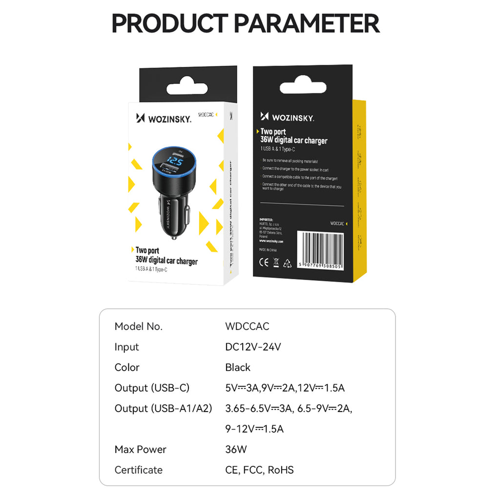 Wozinsky WDCCAC automobilinis įkroviklis USB-C USB-A 36W - juodas