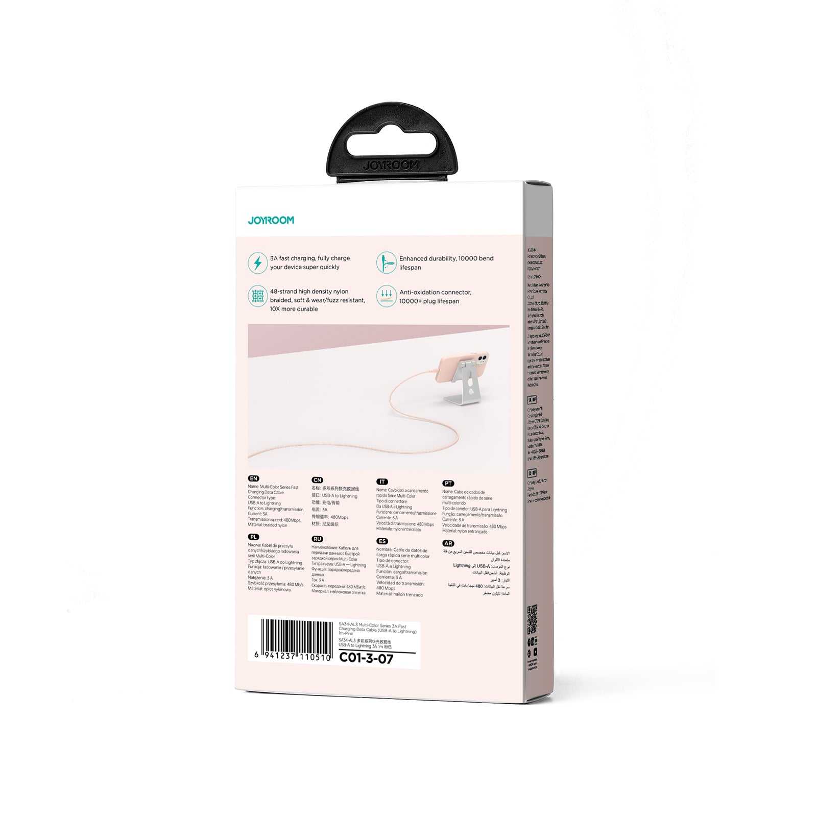 Joyroom laidas Multi-Color Series S-A34 USB-A / Lightning 3A 1m rožinis