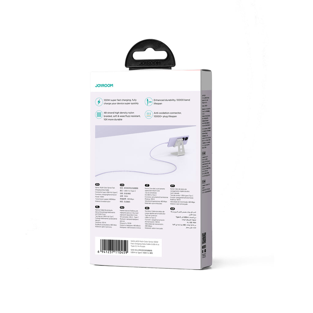 Joyroom laidas Multi-Color Series S-A34 USB-A / USB-C 100W 1m violetinis