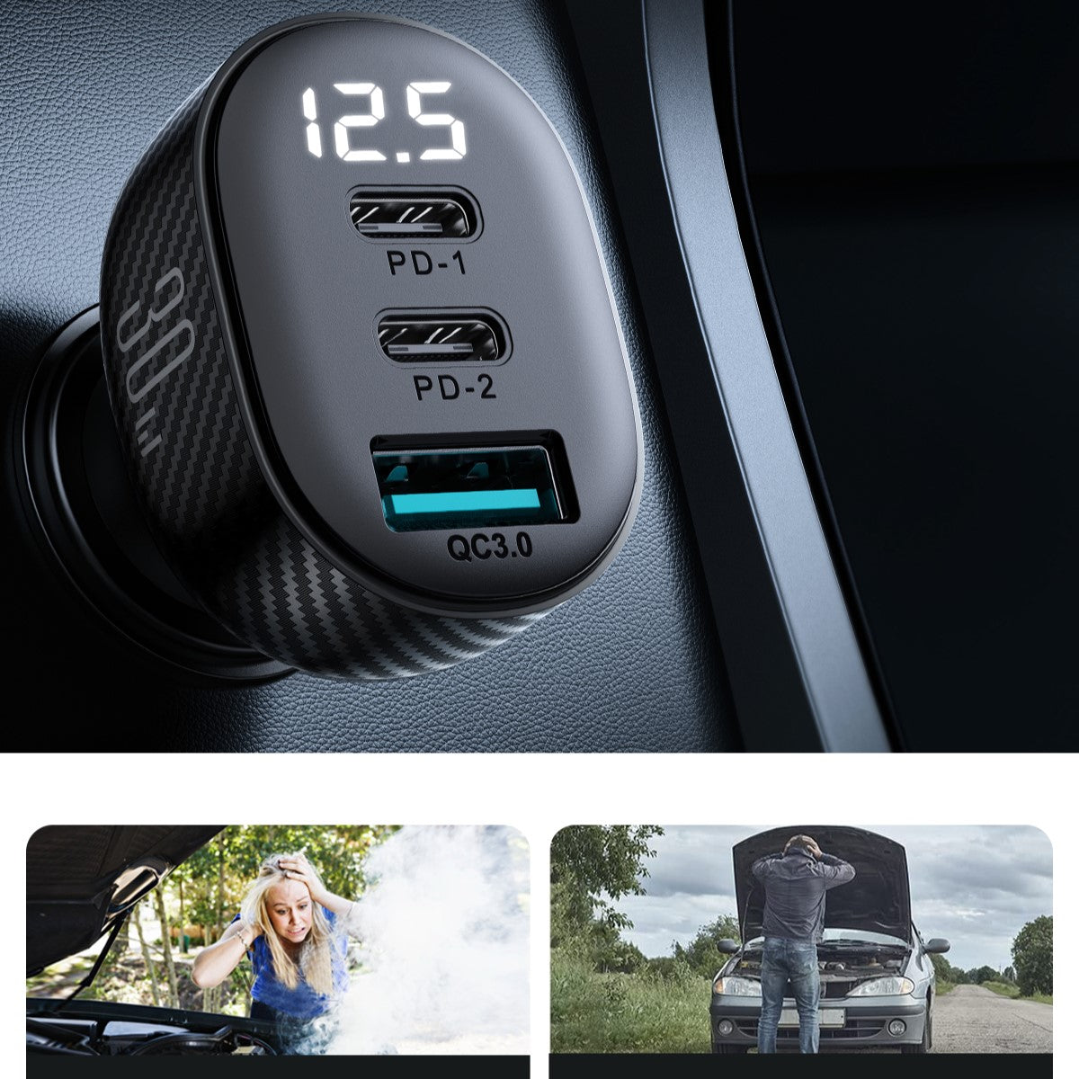 Joyroom JR-CCD04 30W automobilinis įkroviklis 2x USB-C USB-A su ekranu - juodas