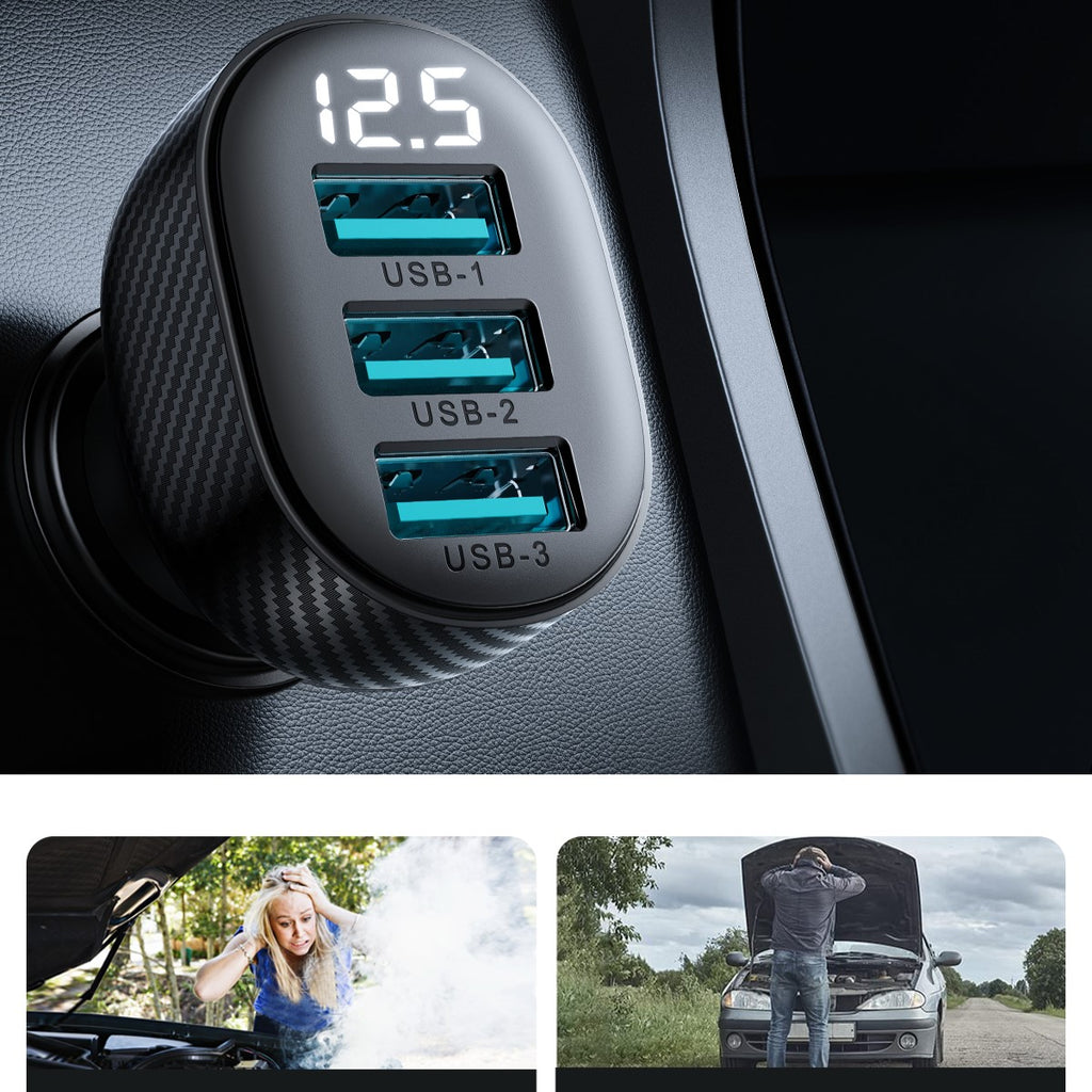Joyroom JR-CCD03 3.4A automobilinis įkroviklis su ekranu 3x USB-A - juodas