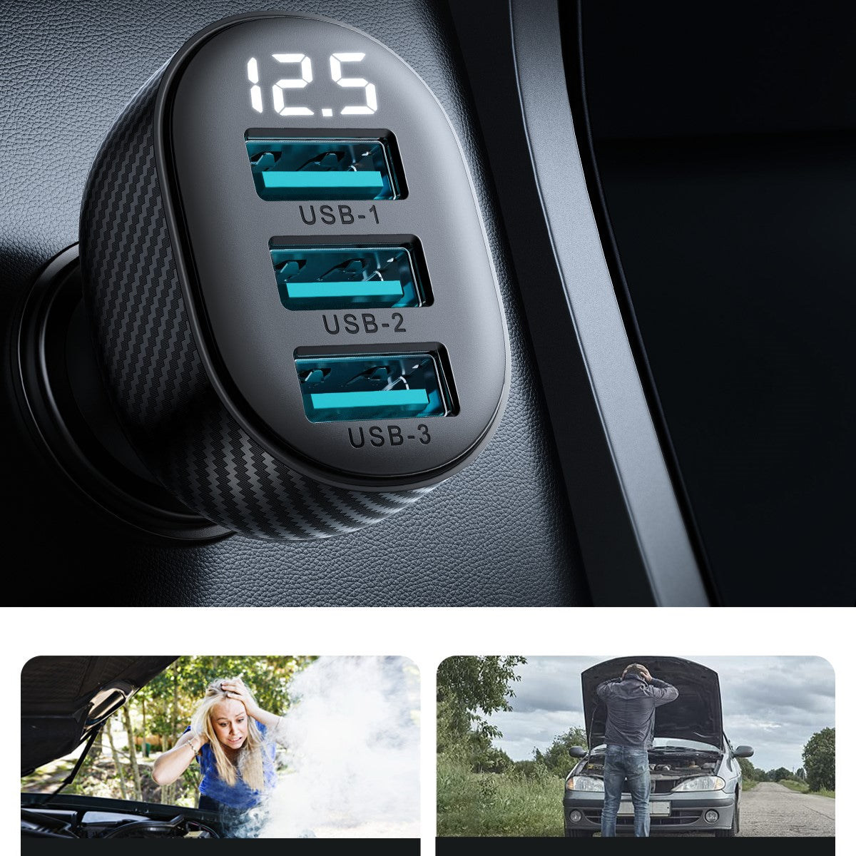 Joyroom JR-CCD03 3.4A automobilinis įkroviklis su ekranu 3x USB-A - juodas