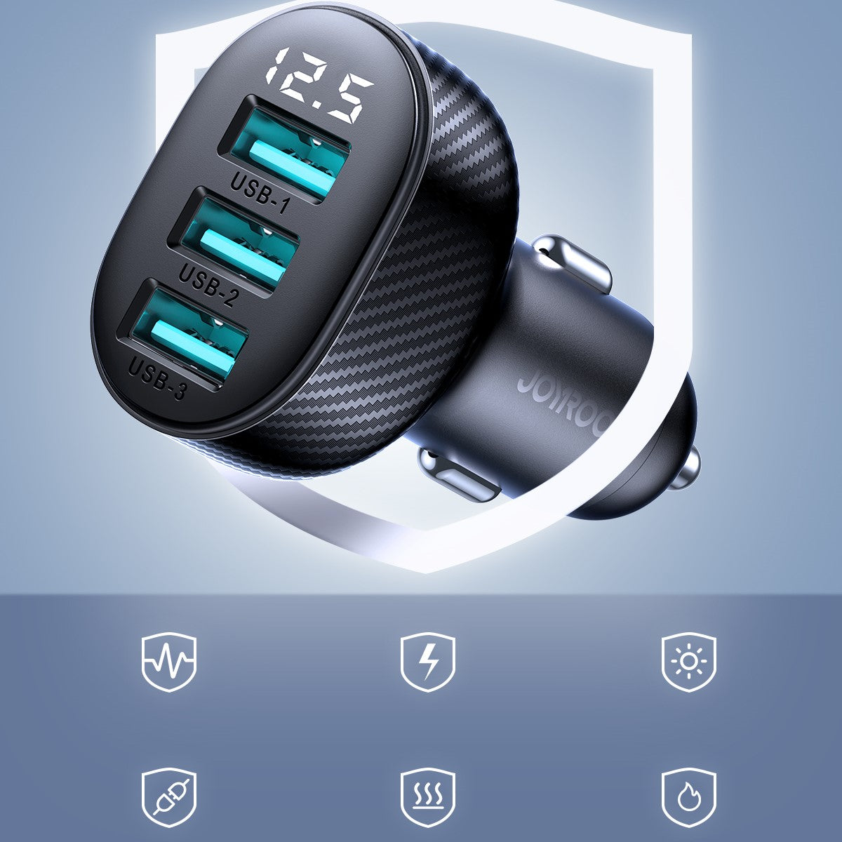 Joyroom JR-CCD03 3.4A automobilinis įkroviklis su ekranu 3x USB-A - juodas