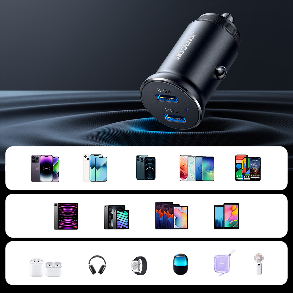 Joyroom JR-CCN06 30W 2x USB-C metalinis mini automobilinis įkroviklis - juodas