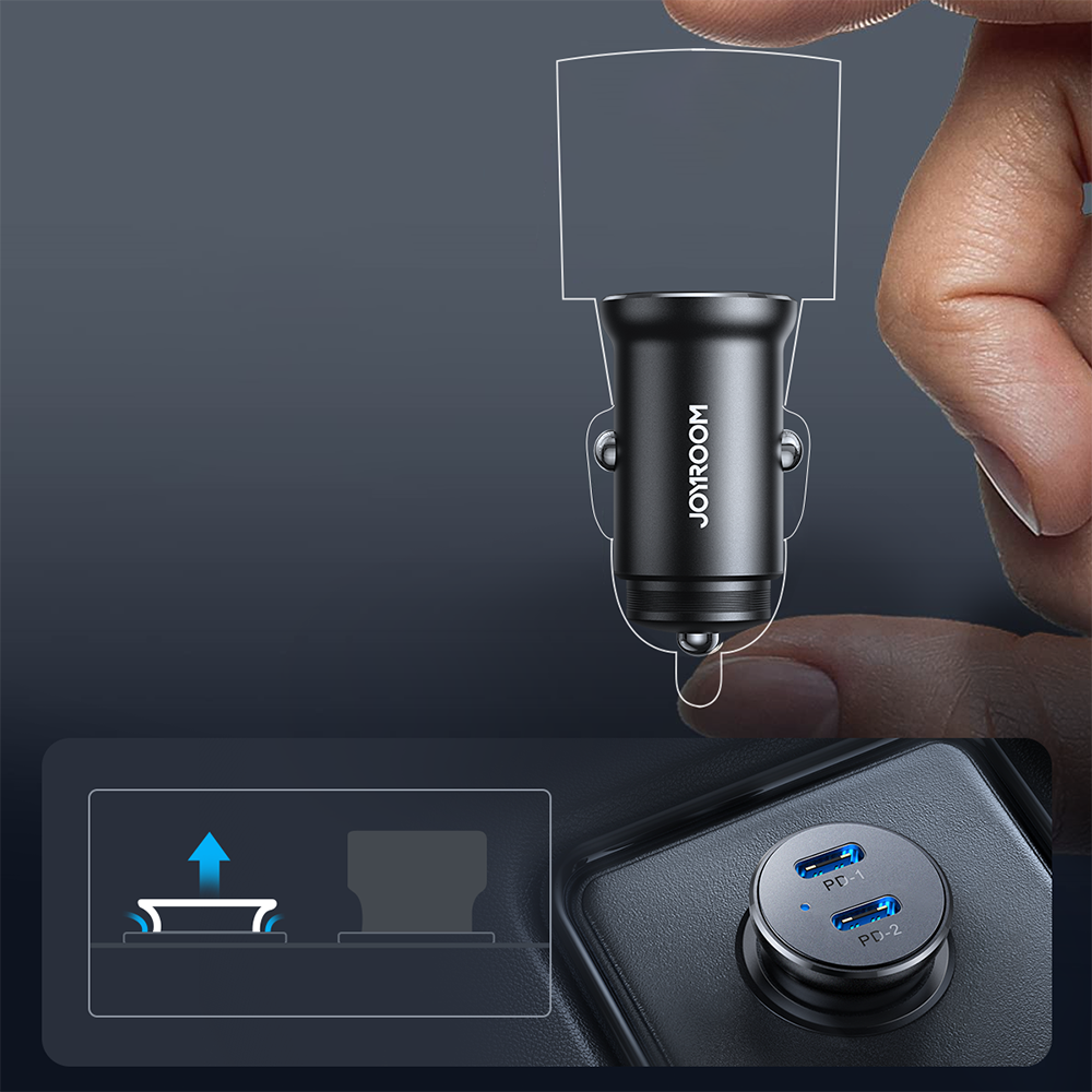 Joyroom JR-CCN06 30W 2x USB-C metalinis mini automobilinis įkroviklis - juodas