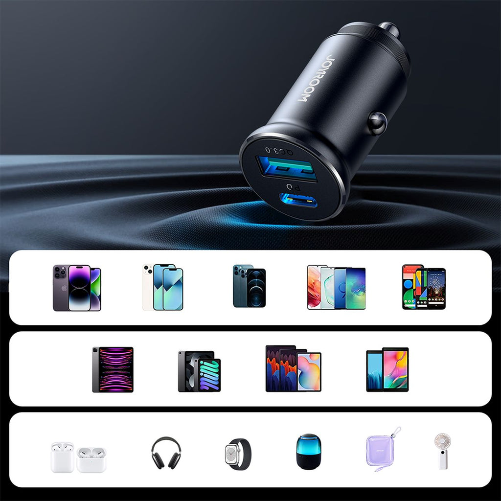 Joyroom JR-CCN05 30W USB-A USB-C mini automobilinis įkroviklis - juodas