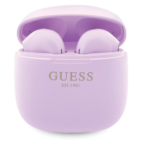 Guess GUTWST26PSU TWS Bluetooth ausinės + prijungimo stotelė - violetinis klasikinis EST logotipas