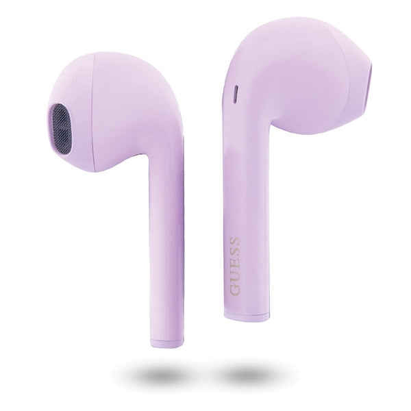 Guess GUTWST26PSU TWS Bluetooth ausinės + prijungimo stotelė - violetinis klasikinis EST logotipas
