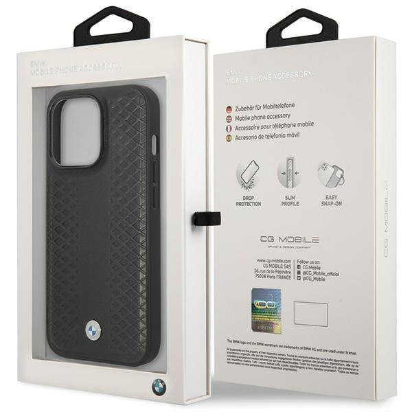 BMW Leather Diamond Pattern dėklas iPhone 14 Pro – juodas