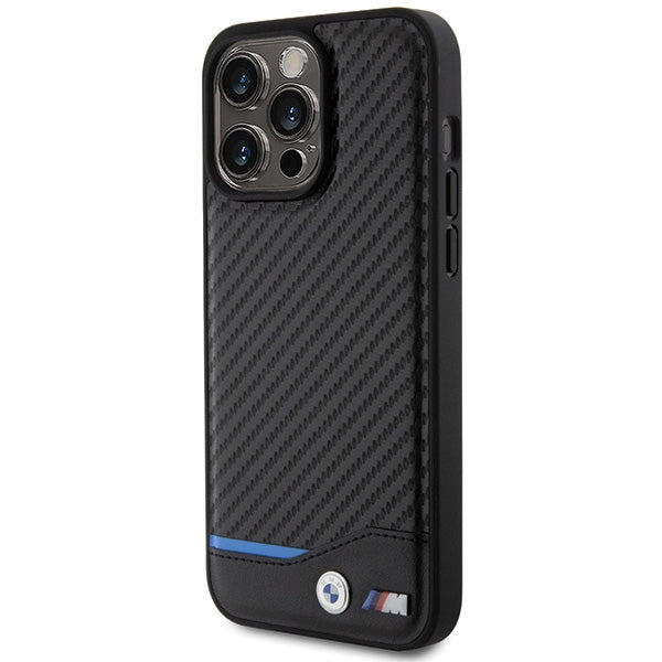 BMW Leather Carbon dėklas iPhone 15 Pro Max – juodas