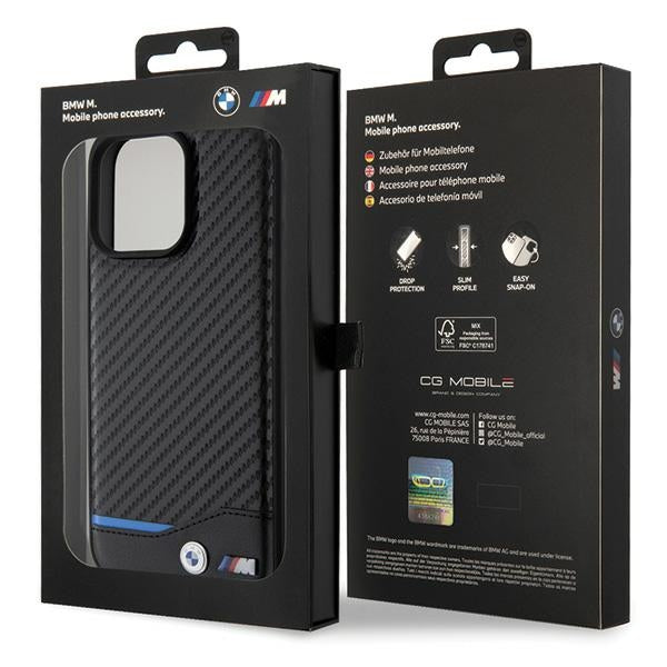BMW Leather Carbon dėklas iPhone 15 Pro Max – juodas