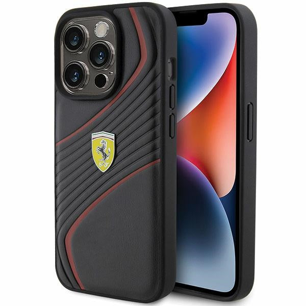 Ferrari Twist Metal Logo dėklas iPhone 15 Pro – juodas