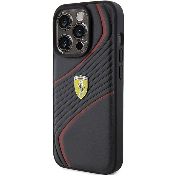 Ferrari Twist Metal Logo dėklas iPhone 15 Pro – juodas