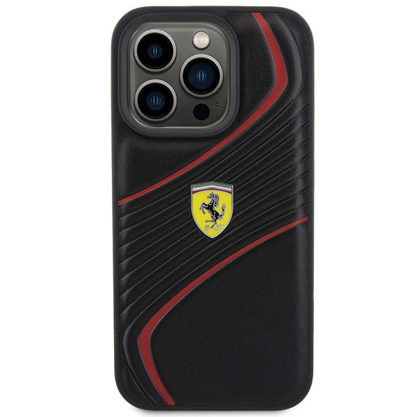 Ferrari Twist Metal Logo dėklas iPhone 15 Pro – juodas
