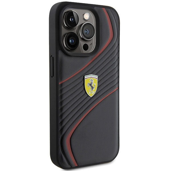 Ferrari Twist Metal Logo dėklas iPhone 15 Pro – juodas