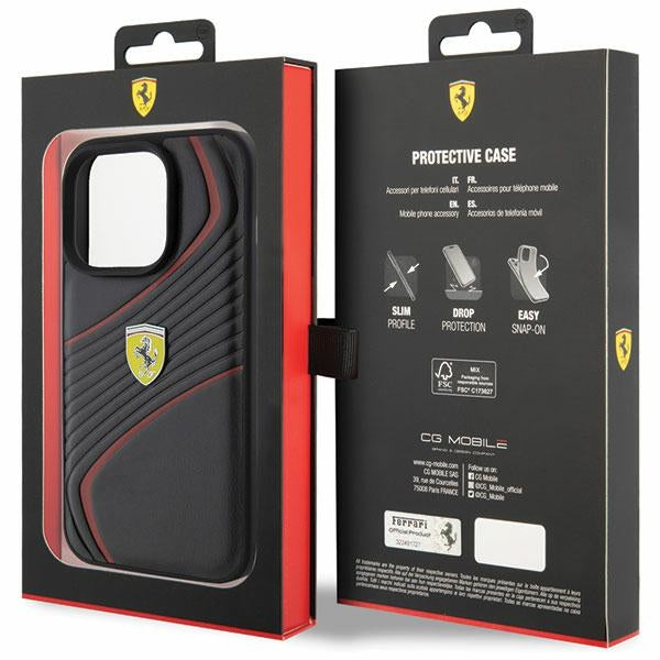Ferrari Twist Metal Logo dėklas iPhone 15 Pro – juodas
