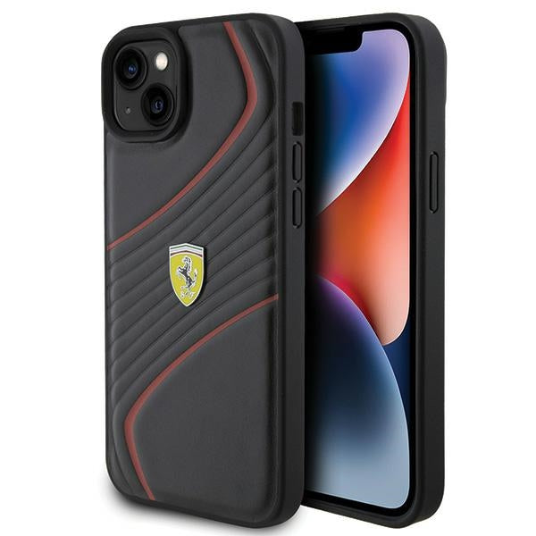 Ferrari Twist Metal Logo dėklas iPhone 15 Plus – juodas
