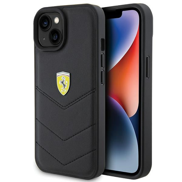 Ferrari Quilted Metal Logo dėklas iPhone 15 – juodas