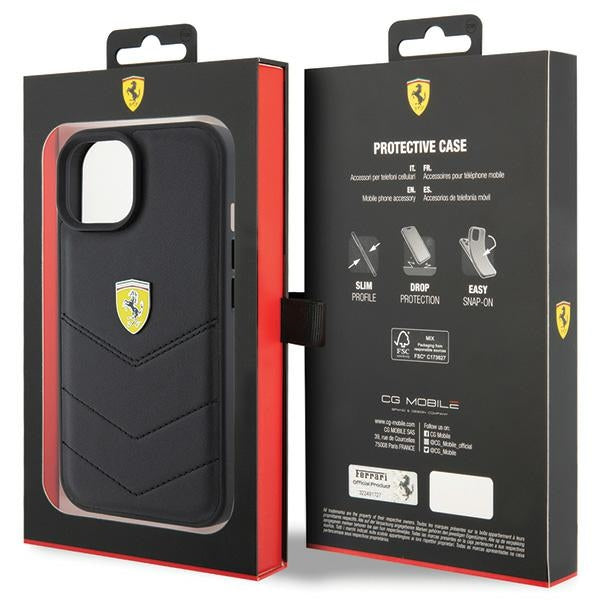 Ferrari Quilted Metal Logo dėklas iPhone 15 – juodas
