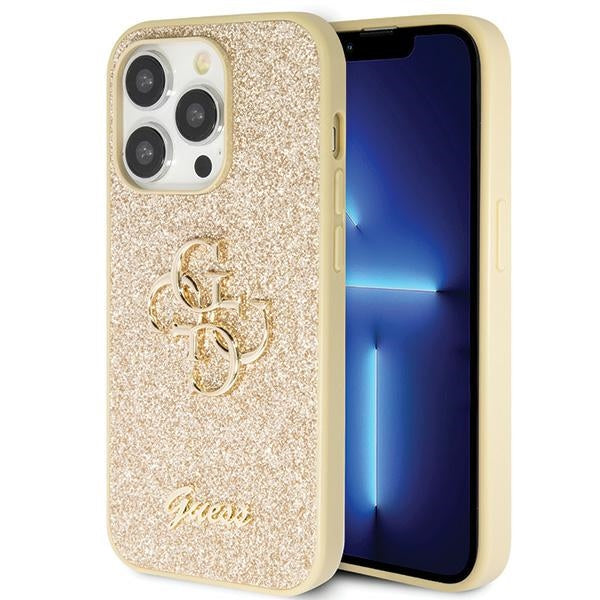 Guess dėklas iPhone 14 Pro – auksinis su blizgučiais