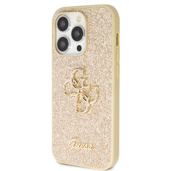 Guess dėklas iPhone 14 Pro – auksinis su blizgučiais