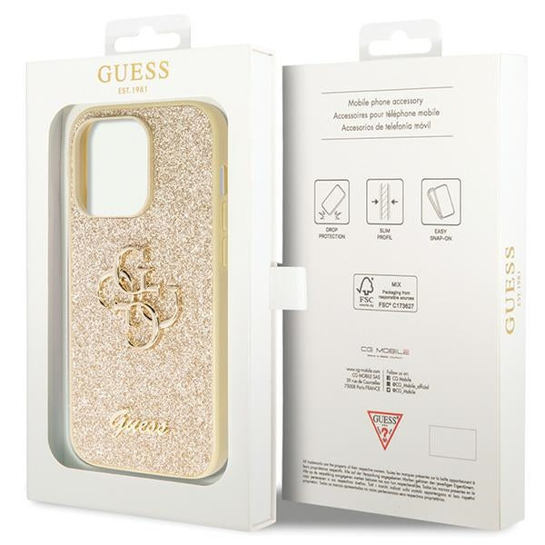 Guess dėklas iPhone 14 Pro – auksinis su blizgučiais