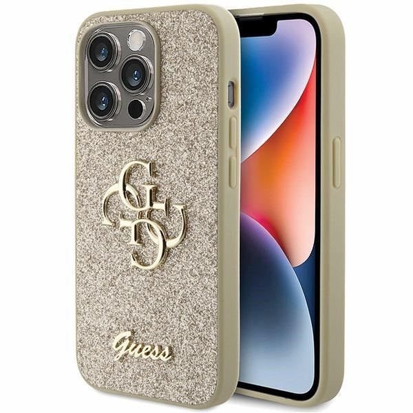 Guess dėklas iPhone 15 Pro – auksinis, Glitter 4G