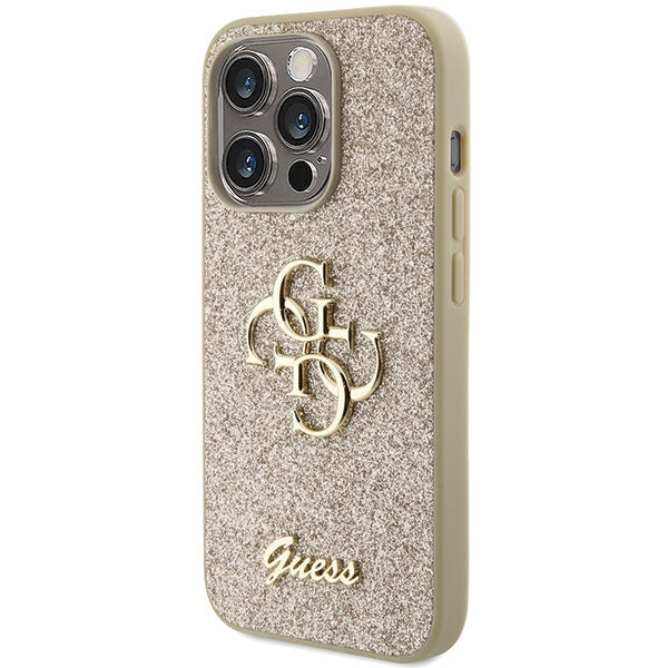 Guess dėklas iPhone 15 Pro – auksinis, Glitter 4G