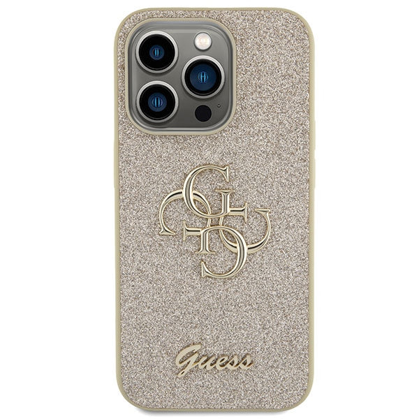 Guess dėklas iPhone 15 Pro – auksinis, Glitter 4G