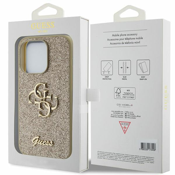 Guess dėklas iPhone 15 Pro – auksinis, Glitter 4G