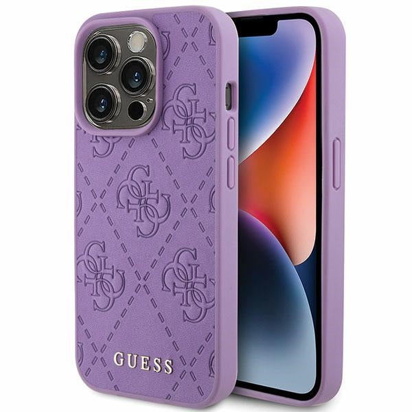Guess Leather 4G Stamped dėklas iPhone 15 Pro – violetinis