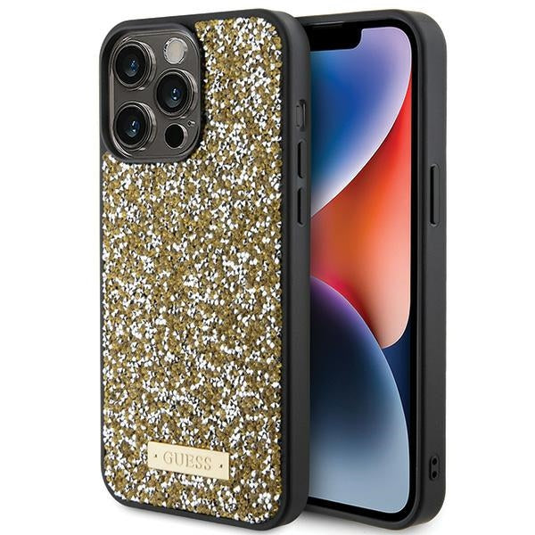 Guess dėklas iPhone 15 Pro – geltonas, su kristalais -- iPhone 15 Pro