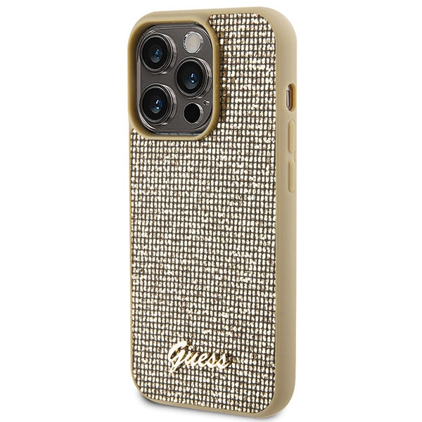 Guess Disco Metal Script dėklas iPhone 15 Pro – auksinis