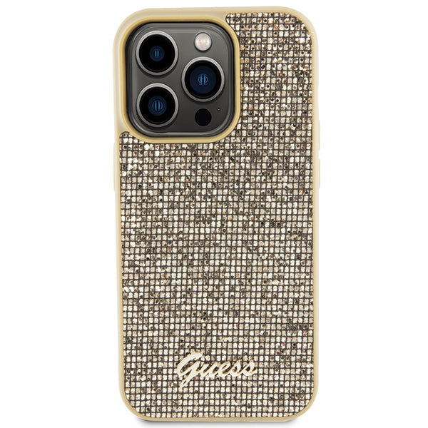 Guess Disco Metal Script dėklas iPhone 15 Pro – auksinis