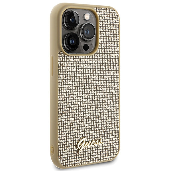 Guess Disco Metal Script dėklas iPhone 15 Pro – auksinis