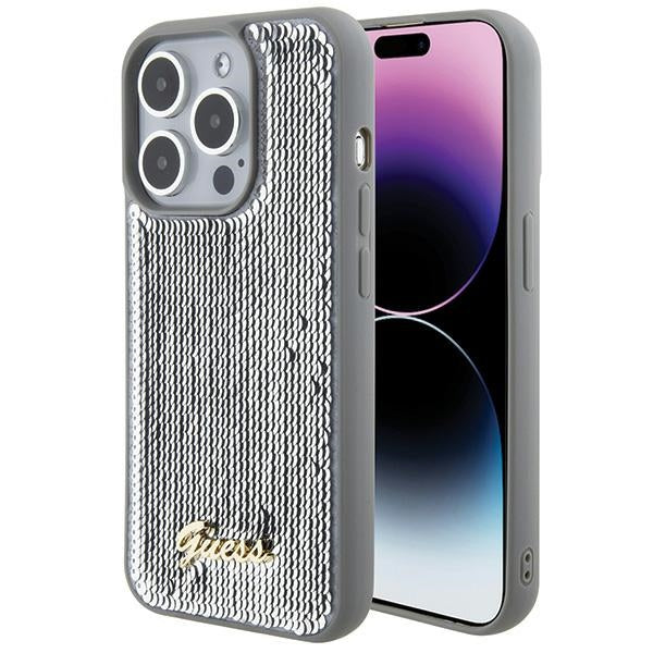 Guess Sequin Script Metal dėklas iPhone 15 Pro – sidabrinis