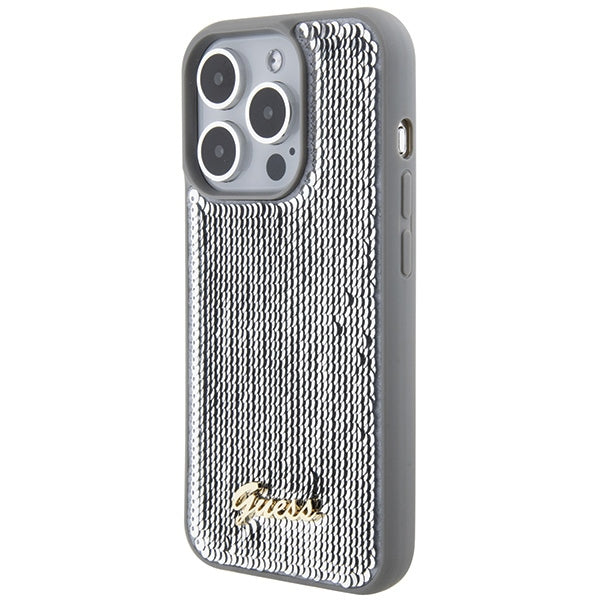 Guess Sequin Script Metal dėklas iPhone 15 Pro – sidabrinis