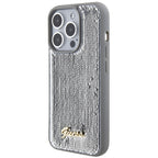 Guess Sequin Script Metal dėklas iPhone 15 Pro – sidabrinis