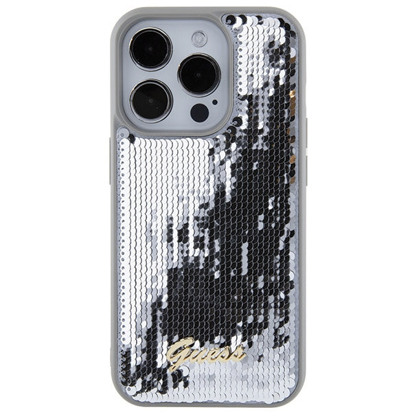 Guess Sequin Script Metal dėklas iPhone 15 Pro – sidabrinis