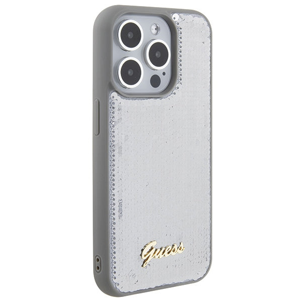 Guess Sequin Script Metal dėklas iPhone 15 Pro – sidabrinis