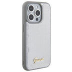 Guess Sequin Script Metal dėklas iPhone 15 Pro – sidabrinis