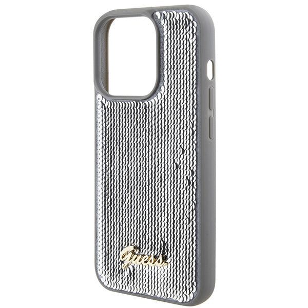 Guess Sequin Script Metal dėklas iPhone 15 Pro – sidabrinis