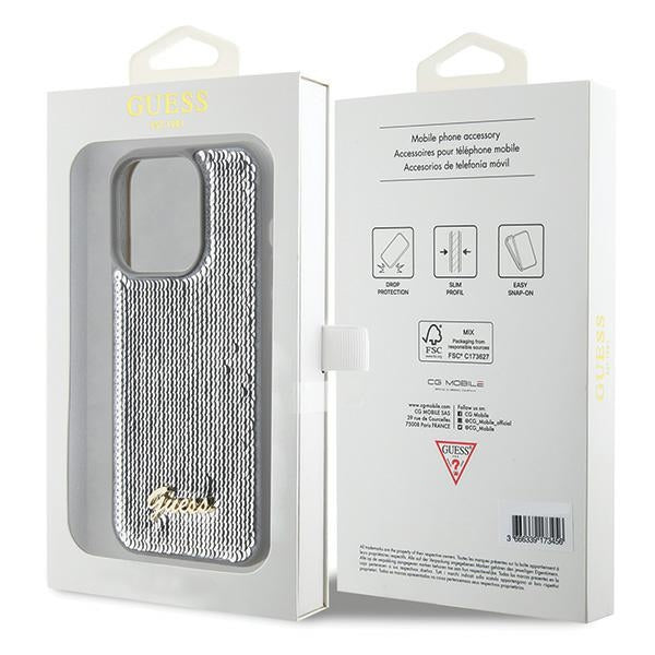 Guess Sequin Script Metal dėklas iPhone 15 Pro – sidabrinis