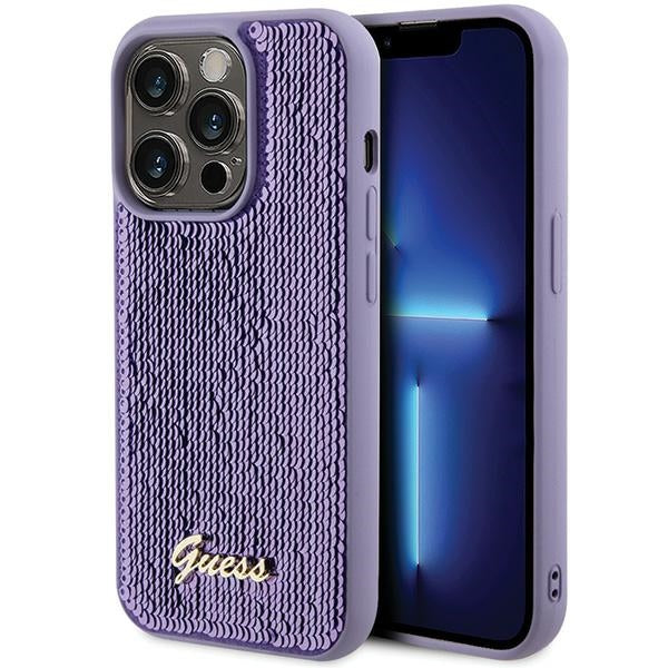 Guess Sequin Script Metal dėklas iPhone 15 Pro – violetinis